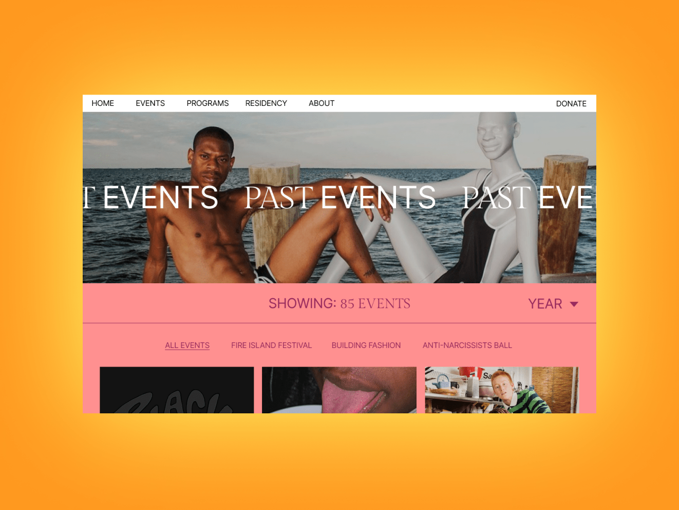 Orange background with the Boffo homepage, featuring a shirtless man with his hand on his leg, facing a white sculpture of a man doing the same pose. White text over the image reads &quot;Past Events.&quot;