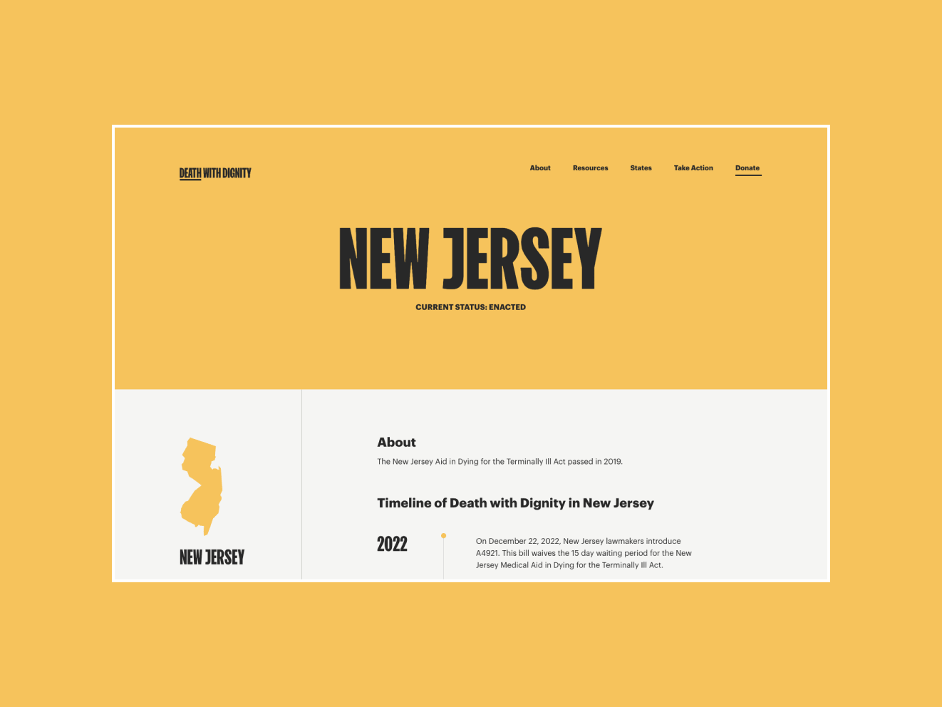 The yellow Death with Dignity site. Black text at the top reads &quot;New Jersey,&quot; showing the organizations impact in that state.
