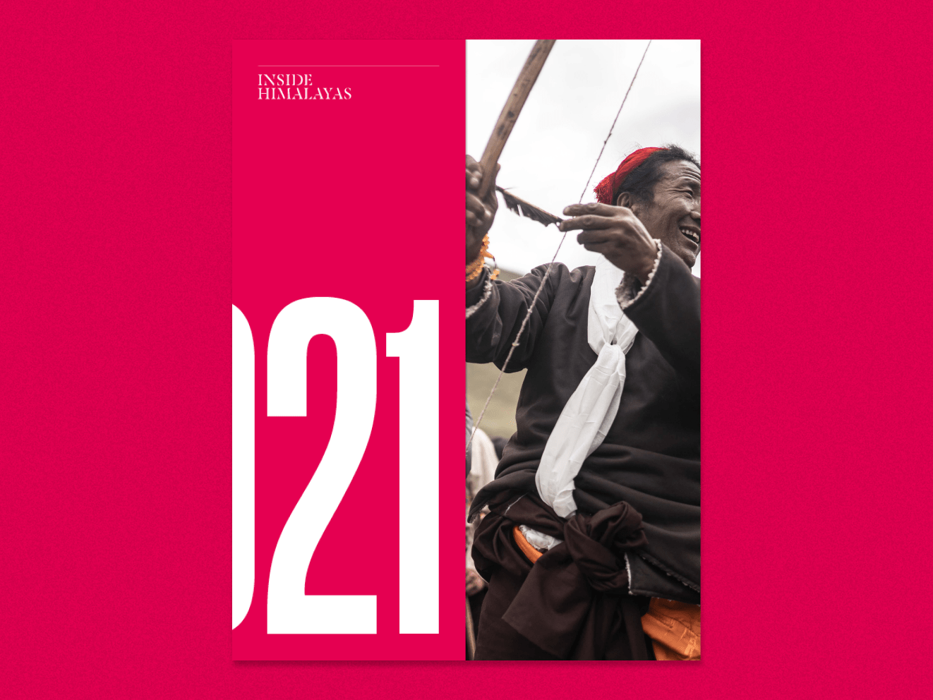 Hot pink Inside Himalayas magazine cover with an image of a Nepali man holding a feather, a string, and a chute of bamboo, looking to the side and smiling.