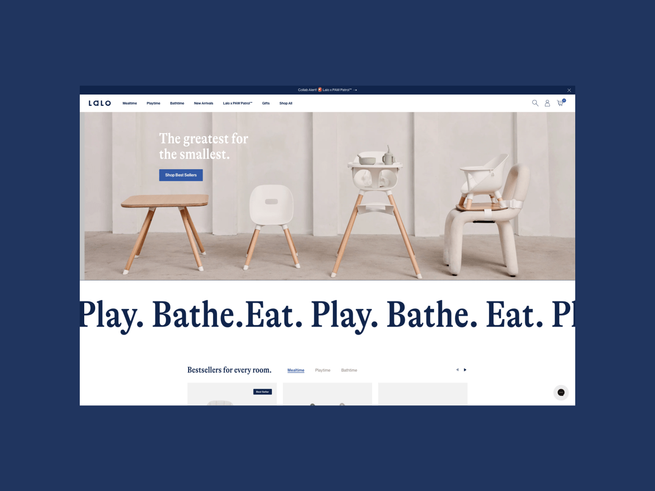 The Lalo website featuring a line of mod highchairs, tables, and chairs. text reads: &quot;Play. Bathe. Eat. Play.&quot;