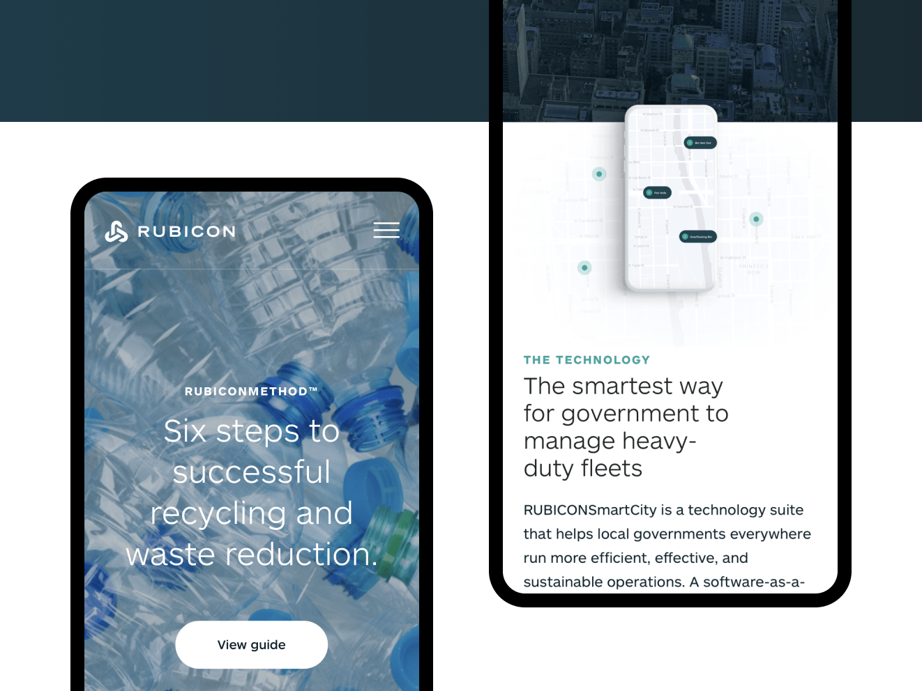 Two iphones show the Rubicon site. Text reads &quot;Six steps to successful recycling and waste reduction.&quot;