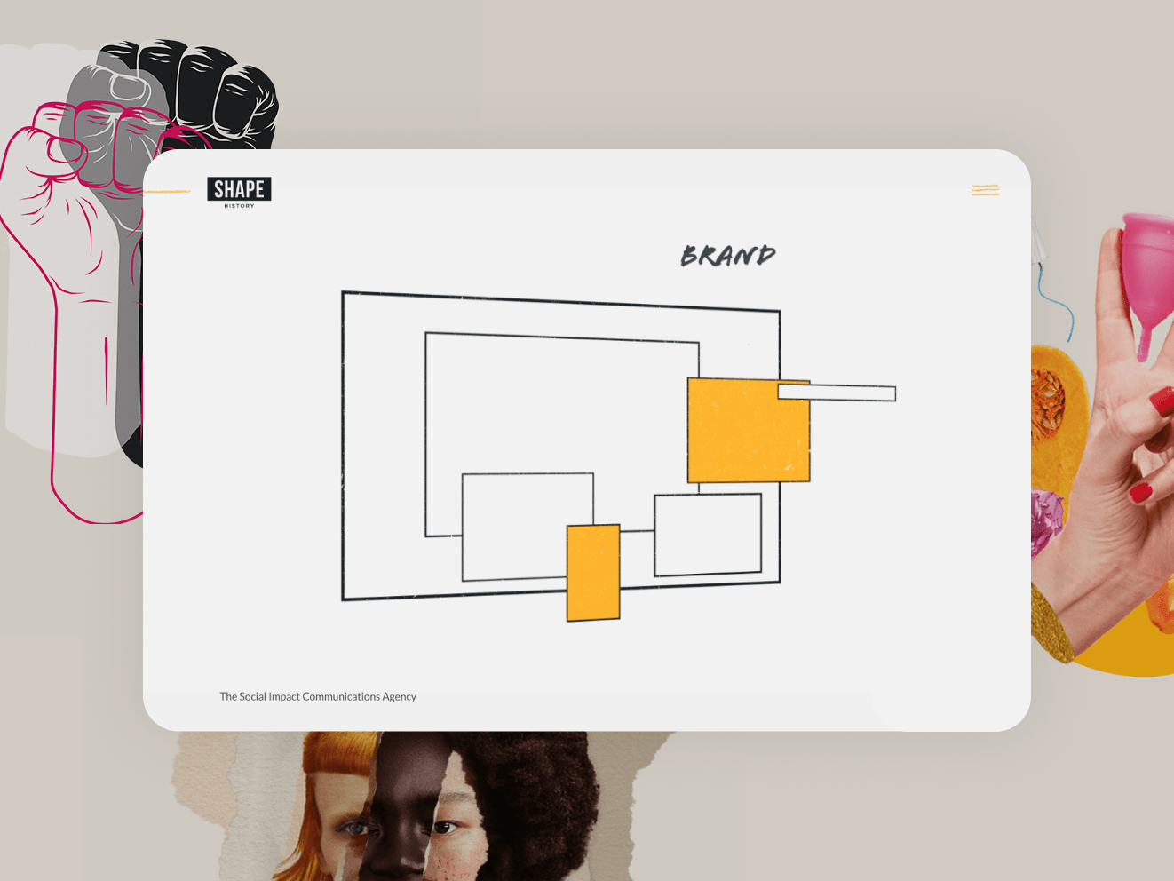 The Shape History brand book, featuring overlapping squares and rectangles.