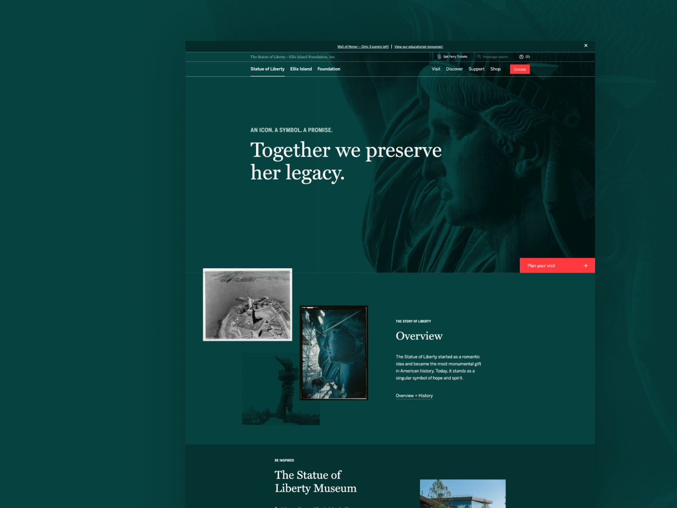 Teal homepage of the Statue of Liberty website, with white text that reads: &quot;Together we preserve her legacy&quot; and an image of the State of Liberty&#039;s face in profile.