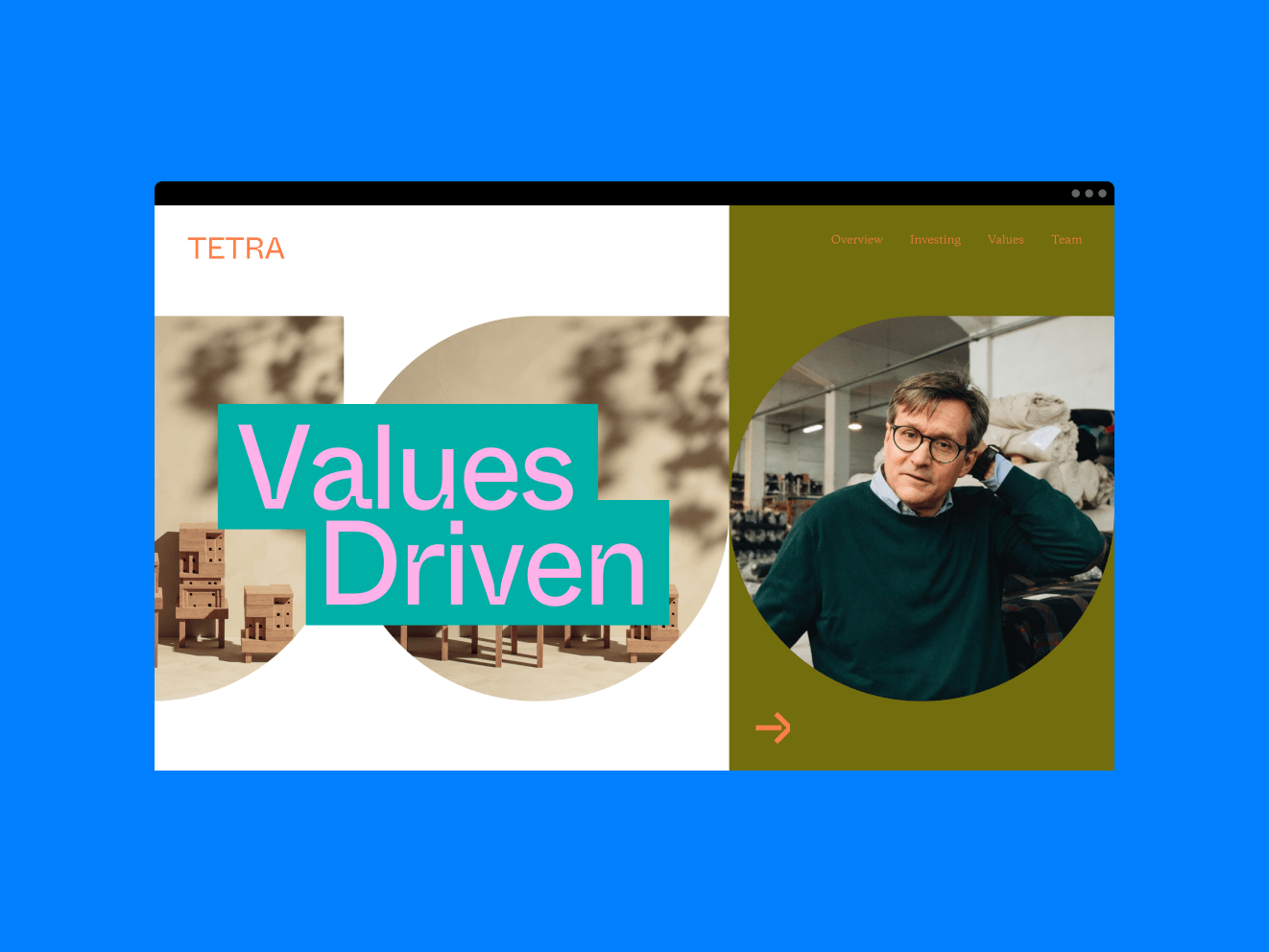 Tetra website page. Text reads &quot;Values Driven&quot; with an image of a man with black-rimmed glasses and a green sweater.