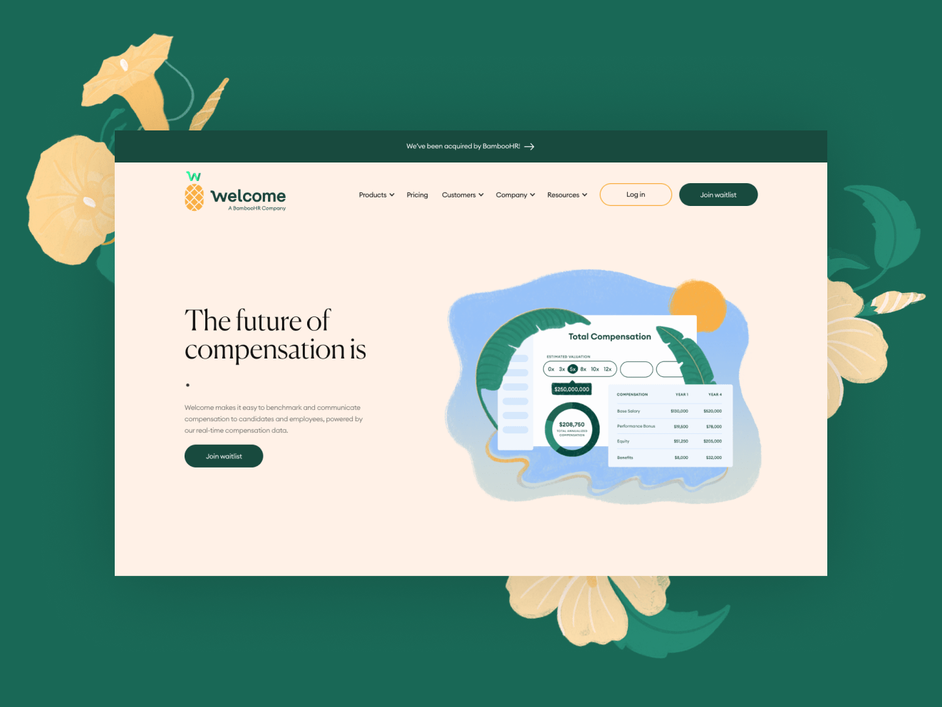 The Welcome home screen, pale pink with black text that reads &quot;The future of compensation is&quot;