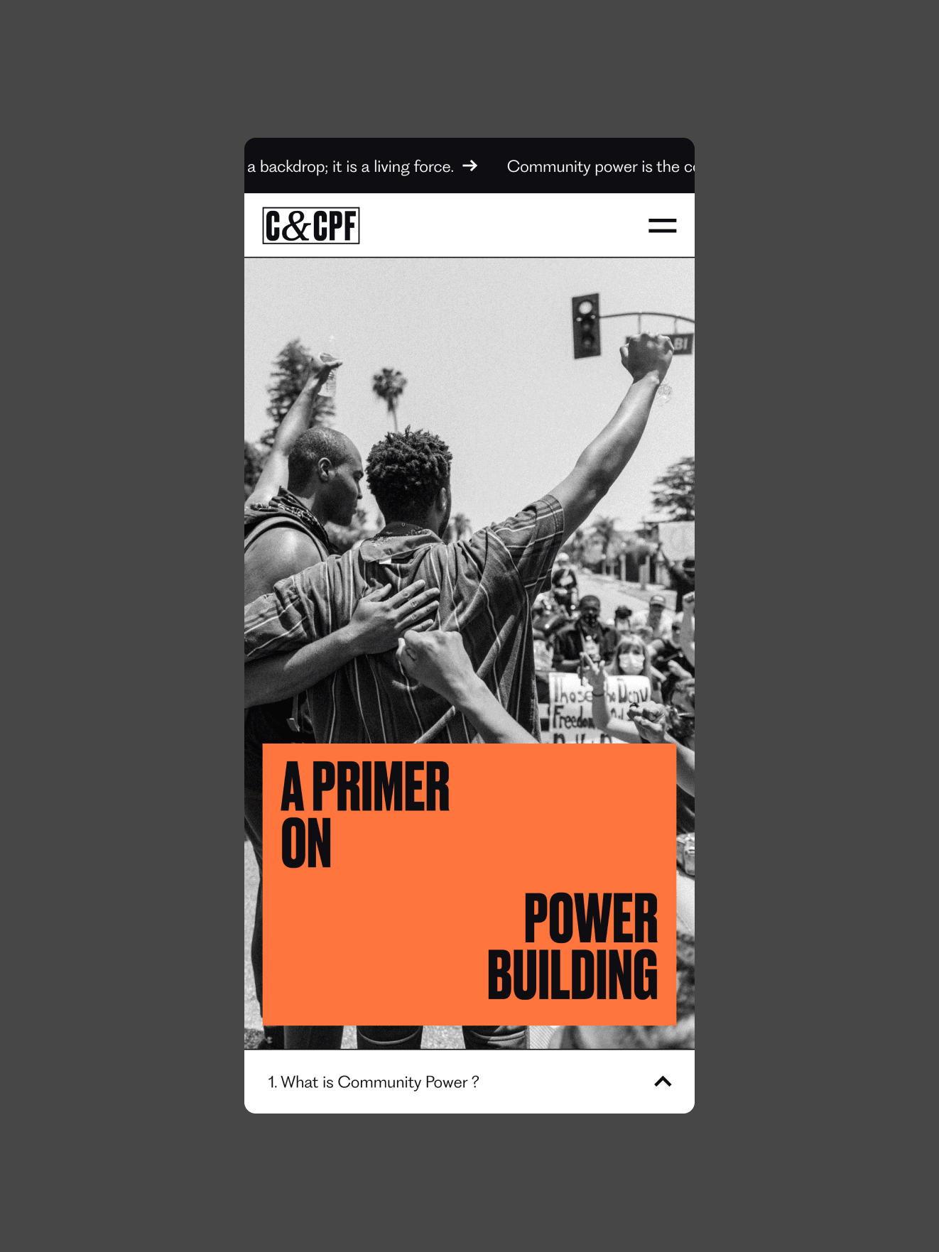 The top of a C&amp;CPF page with a header that reads A primer on power building over a black and white image of a person with a fist raised in the air